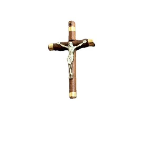 Vintage Wood Crucifix Cross Jesus Pendant Necklace Religious Gold Tone - Picture 1 of 6